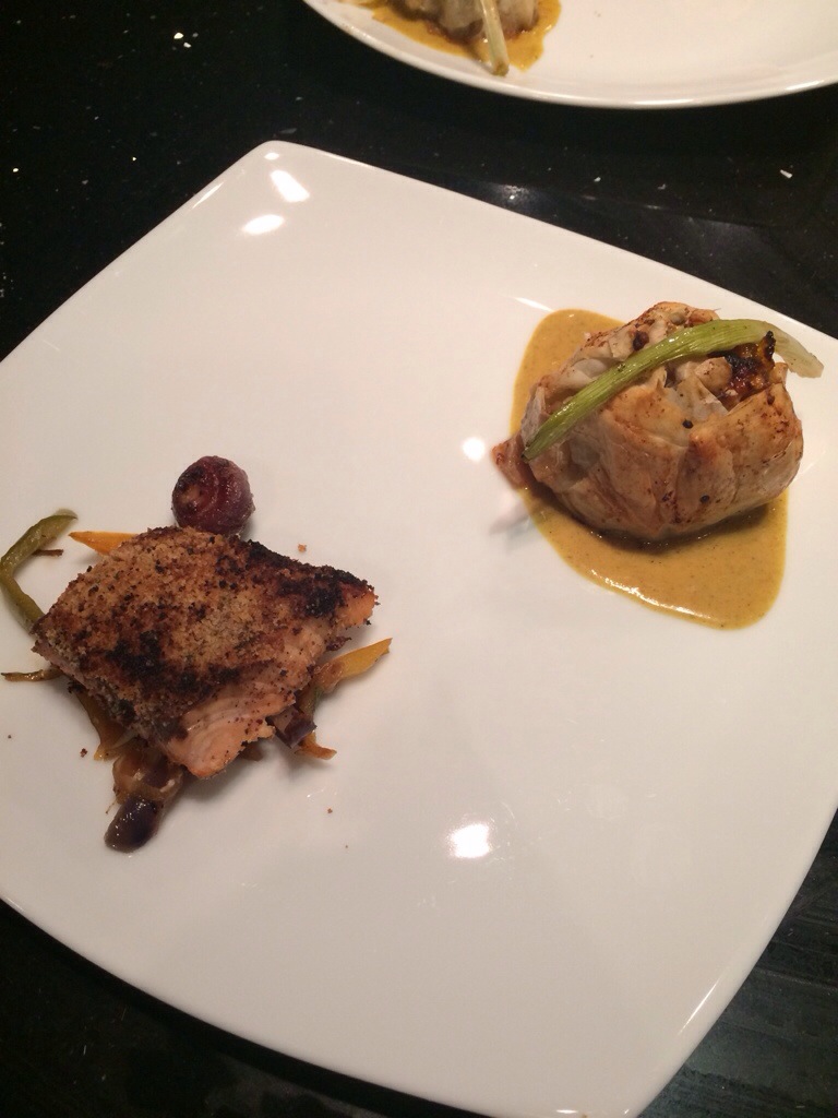 Phyllo Encased Striploin with Blue Cheese and Mango, Coconut Mango Curry Sauce & Nutmeg, Balsamic and Herb Salmon